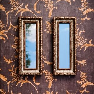 Pair of vintage gold framed Victorian style wall hanging mirrors READ